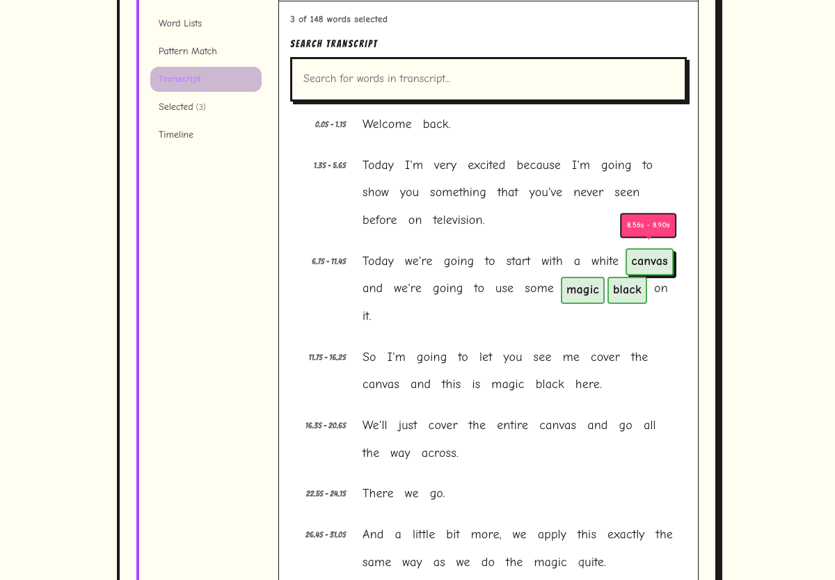 Select curse words to censor in a video transcript